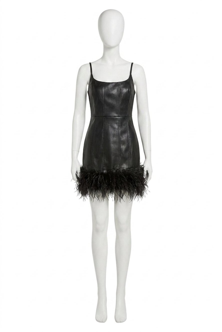 NEW LINE AND DOT lou feather hem leather mini dress in black